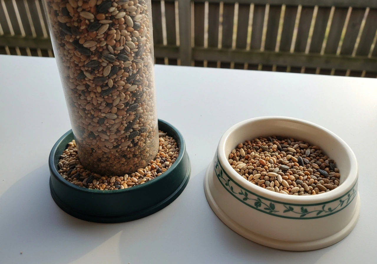 Wild bird seed in a feeder beside a pet bird food bowl, showing they’re not the same.