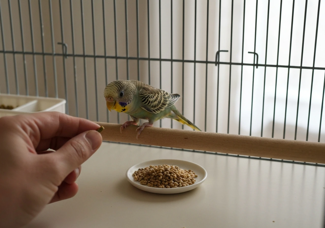 Pet bird perched by a perch, with pellets being offered and wild seed kept on a separate dish.