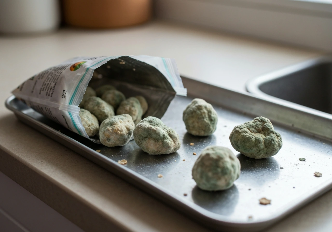 Open seed bag and tray showing clumped, discolored, mold-spotted birdseed on a counter.