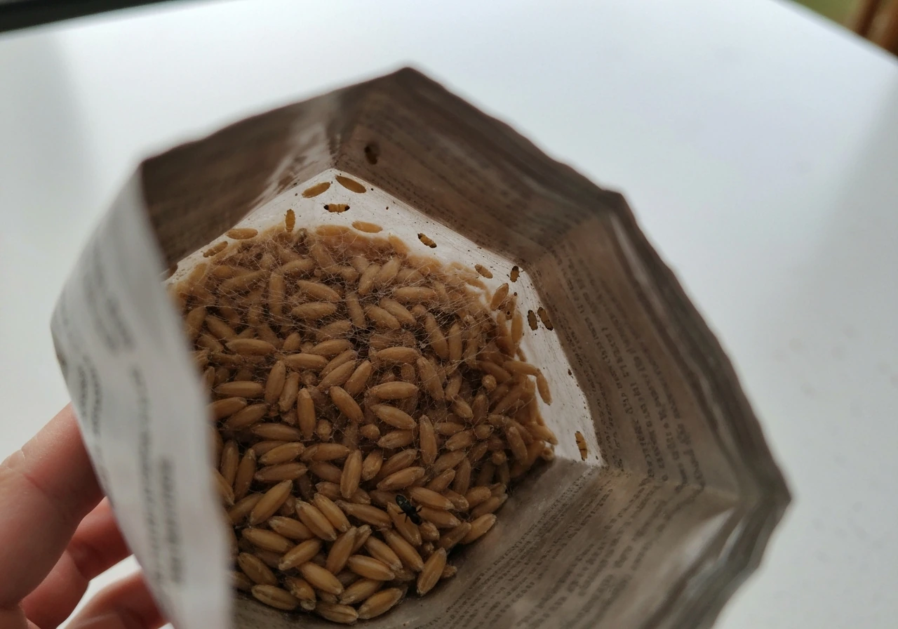 Close-up of a bird seed bag showing webbing, larvae, and small insects, ready to be discarded.