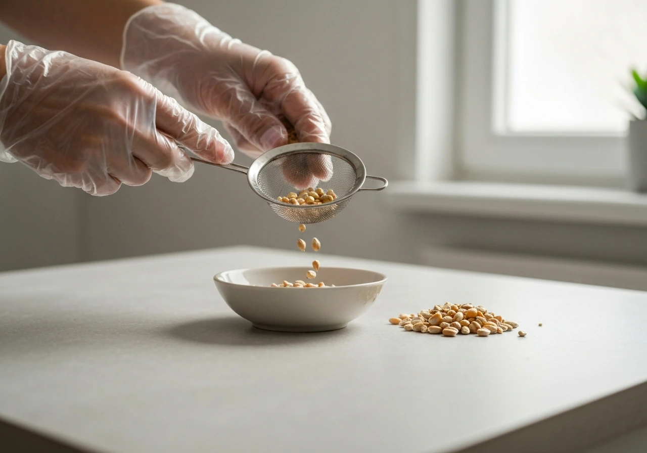 Gloved hands sorting wild bird seed with a sieve and bowl on a clean countertop.