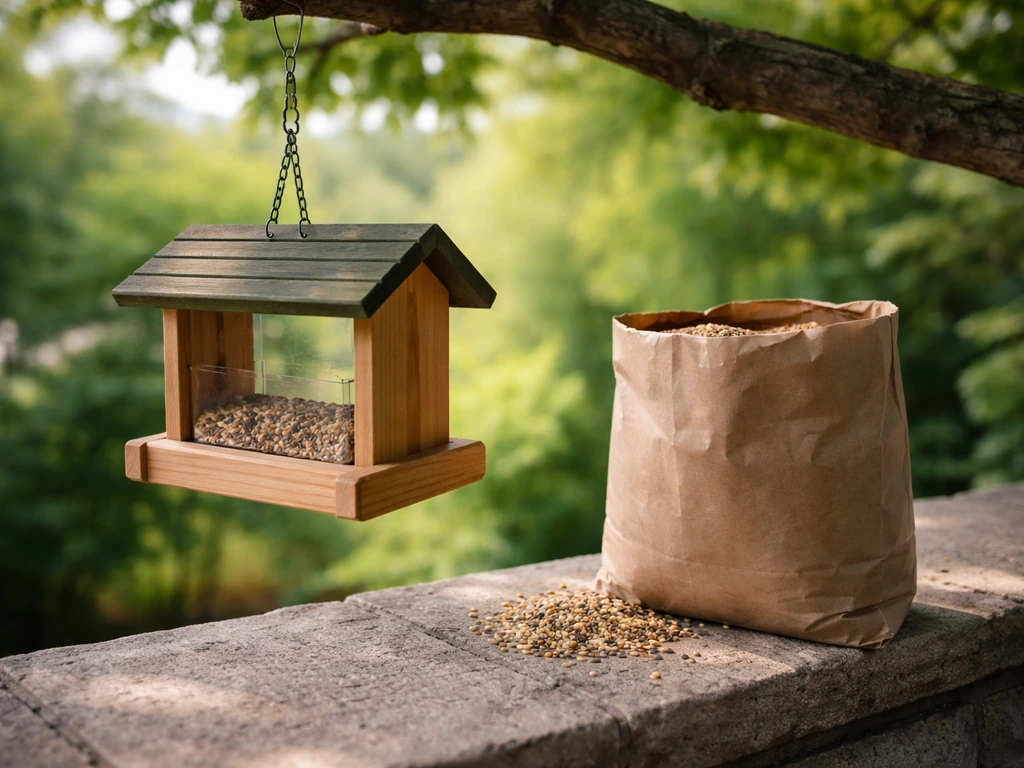 Outdoor bird feeder with a partly filled hopper and a bag of bird seed on a patio ledge.