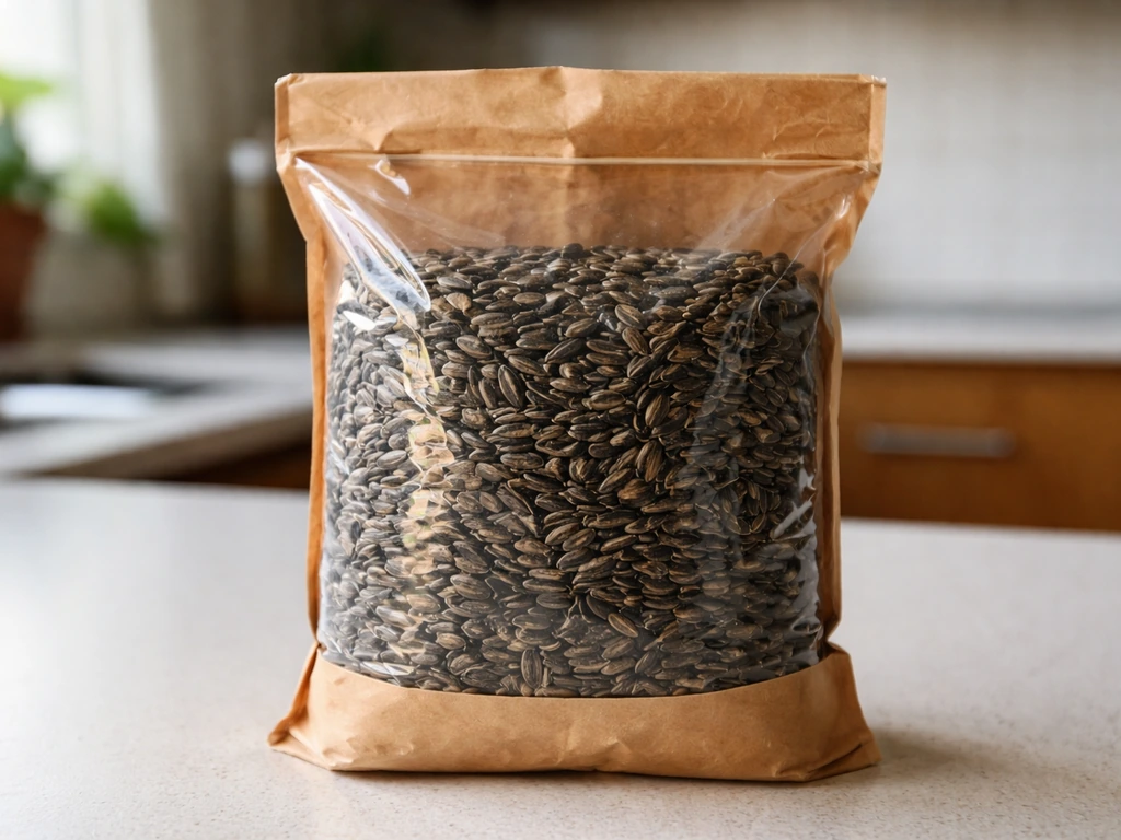 Close-up of a bag of black oil sunflower bird seed showing dry, uniform kernels.