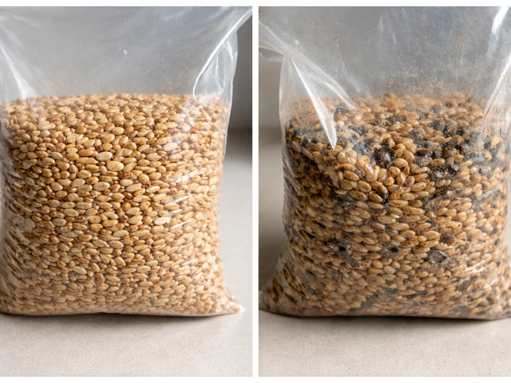 Two close-up views of bird seed bags: dry uniform kernels vs clumped dark damp seed