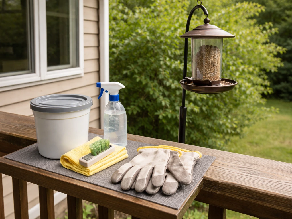 Outdoor bird feeder near a window with gloves and nontoxic cleaning tools set out for safe maintenance.