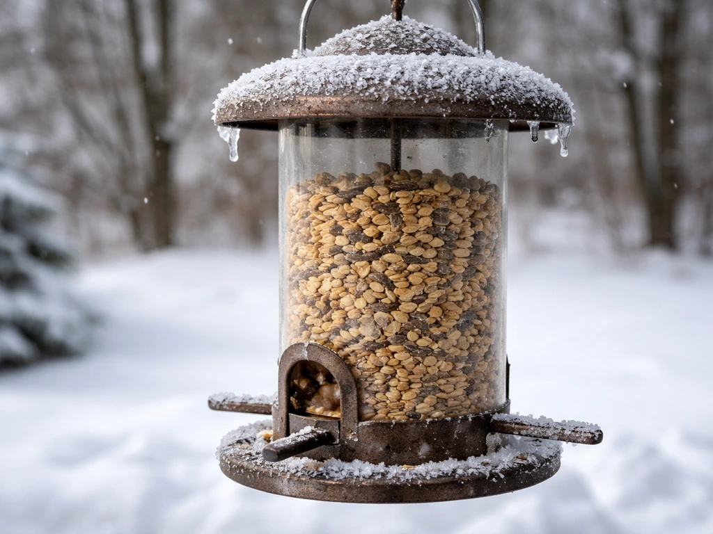 Winter bird feeder with dry seed and nearby icy buildup in a snowy backyard