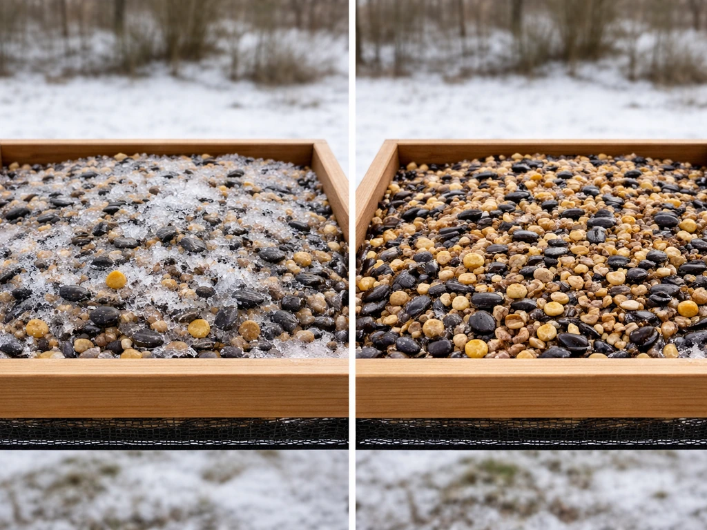 Split view of birdseed tray: left icy clumps, right slightly warmed loosened seed with open tray