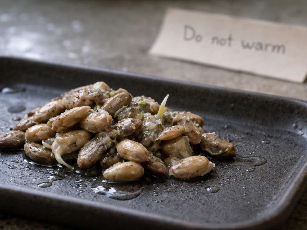Closeup of damp seed with slight sprouting, moisture droplets visible on a dark tray