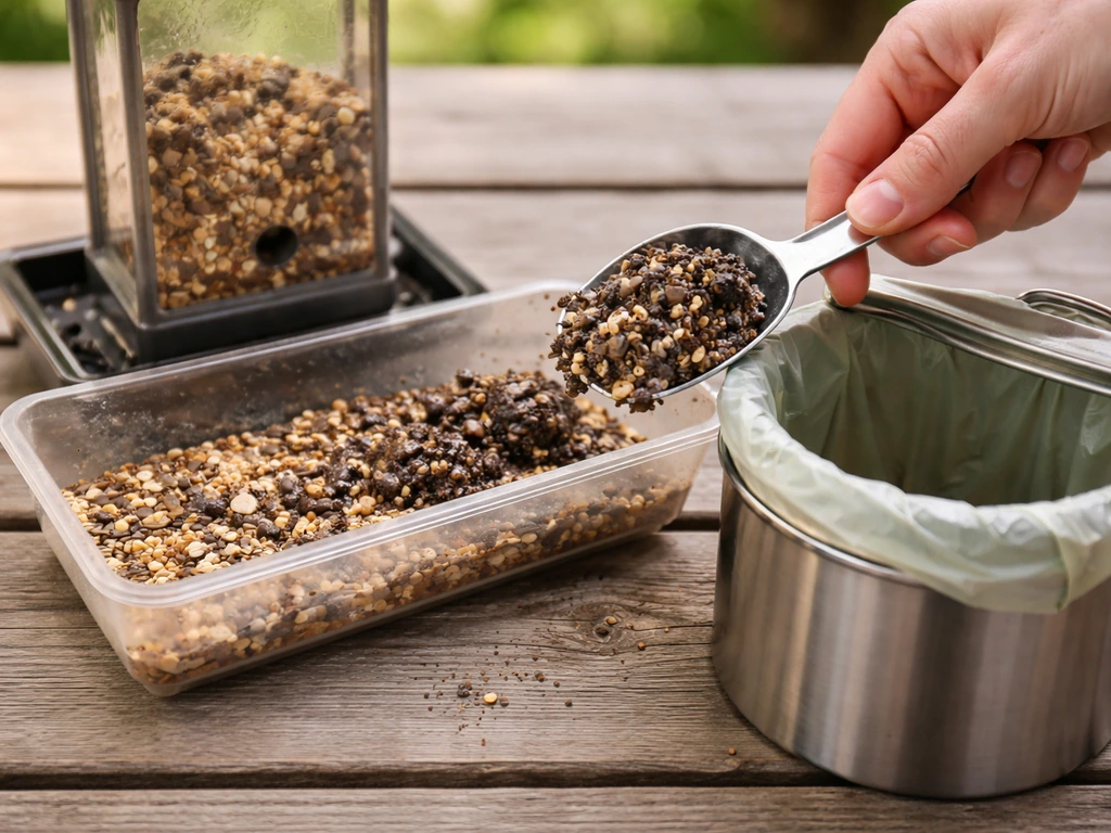 Hand scoops wet, moldy-looking seed from a feeder into a compost bin.