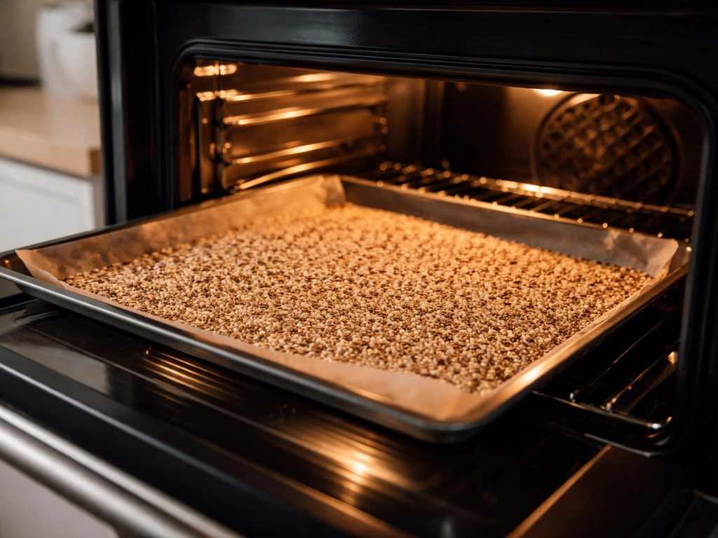 Baking sheet with seeds in a single layer inside an oven on low warm setting