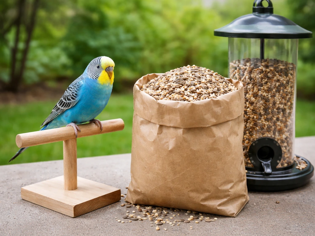 Colorful budgie perched by a bird feeder with an unbranded bag of wild bird seed beside it.