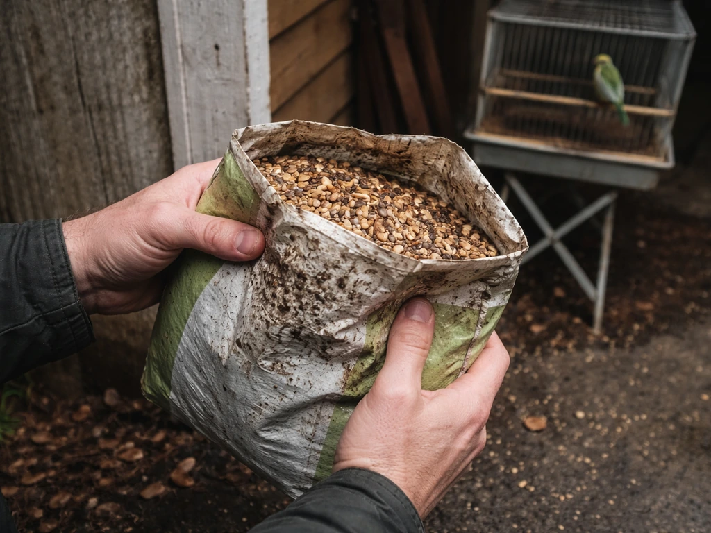 Budgie keeper holding a damp wild bird seed bag near a garage shed area with visible moisture risk