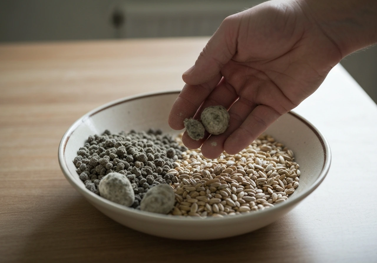 Closeup of a hand sifting wild bird seed, separating dusty clumps from clean seeds in a bowl.