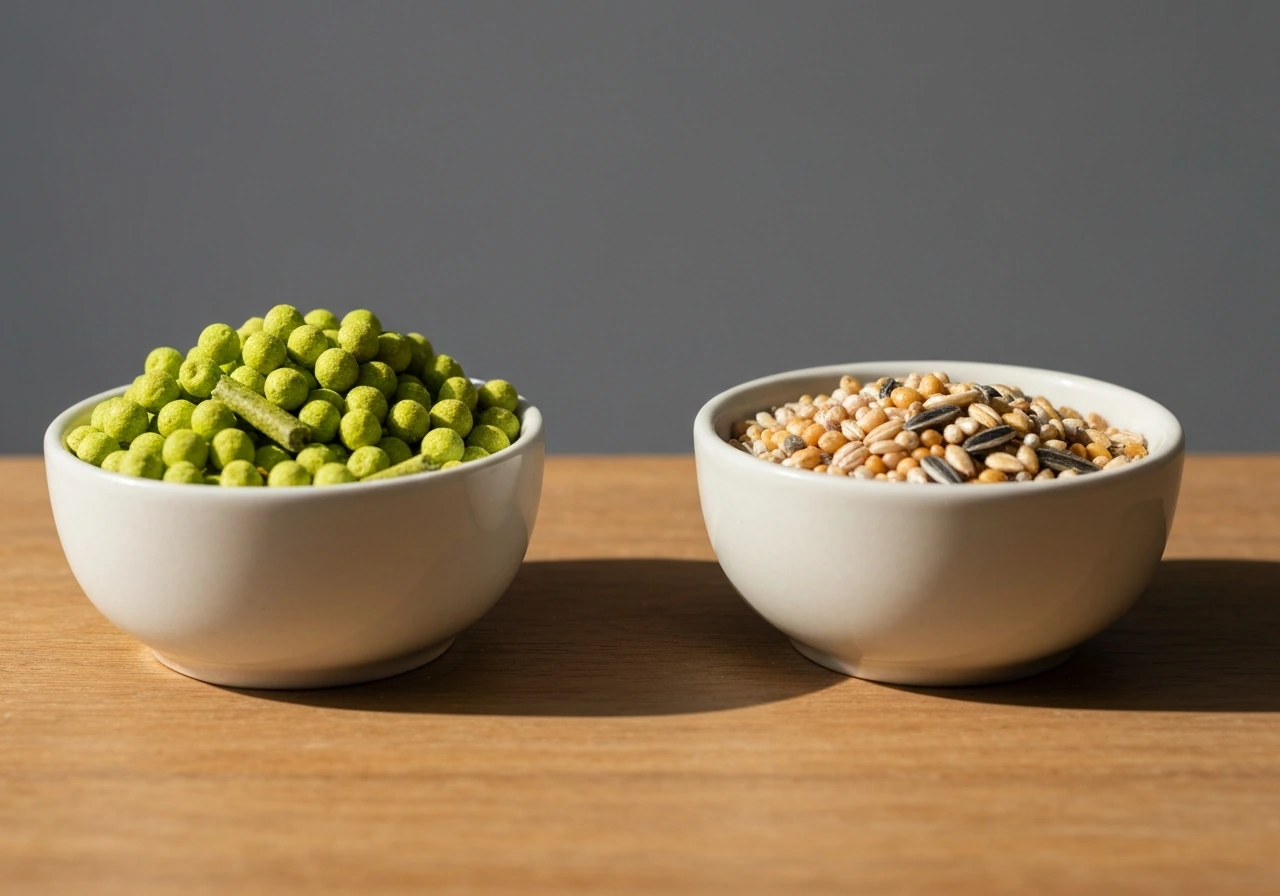 Two bowls side by side: formulated budgie pellets and a small portion of mixed seed on a wooden table.