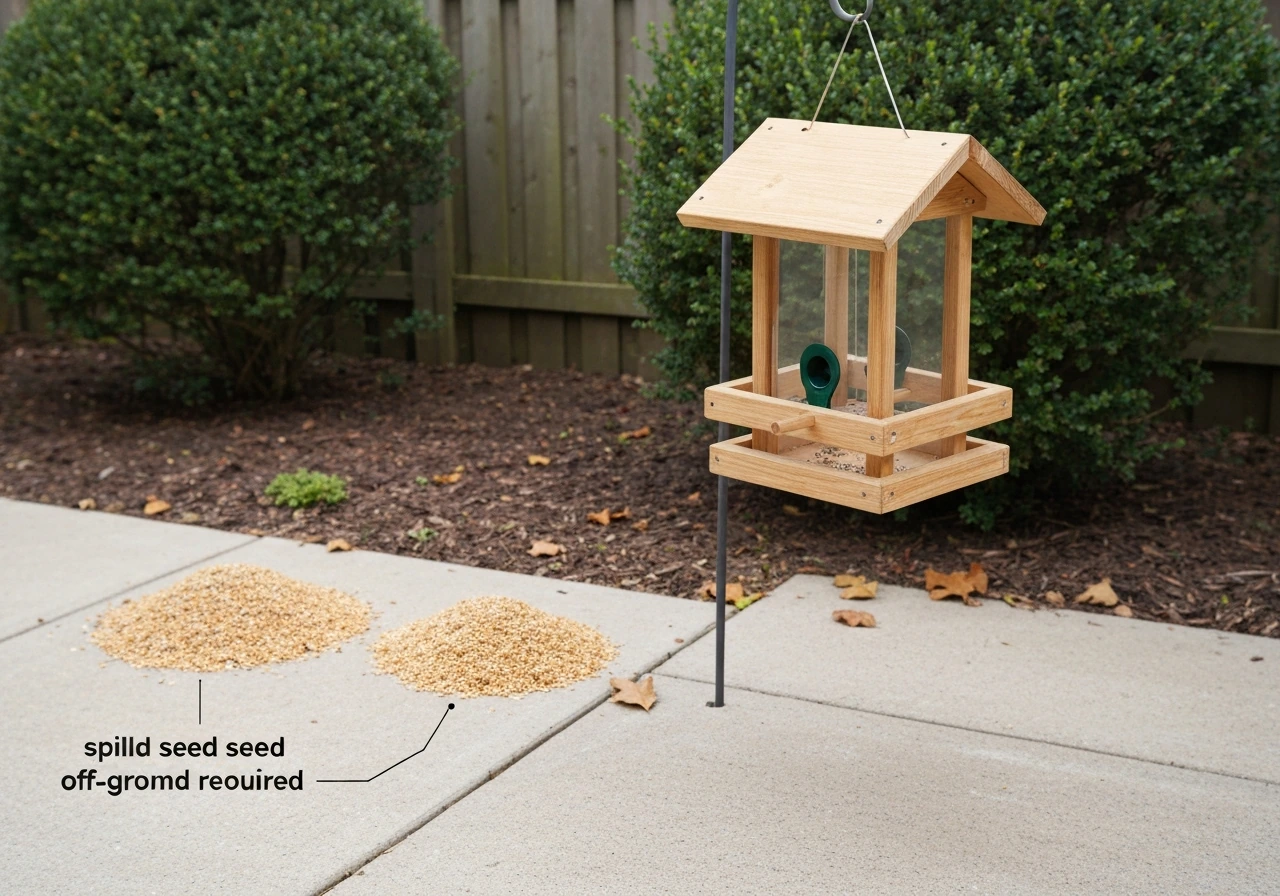 Backyard bird feeder with a clean, seed-free ground area showing spill prevention.