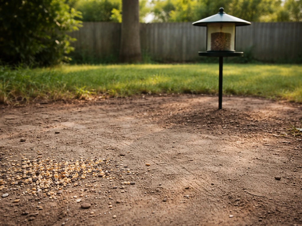 Side-by-side backyard scene showing spilled birdseed attracting rats versus a controlled feeder with no mess.