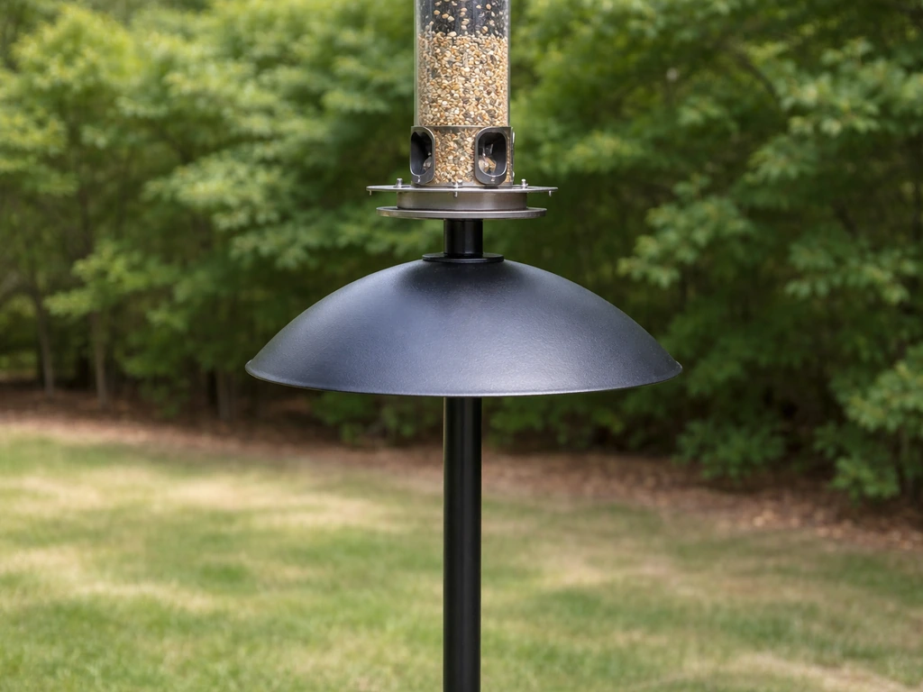 Close-up of a bird feeder on a smooth metal pole with a baffle below to deter climbing