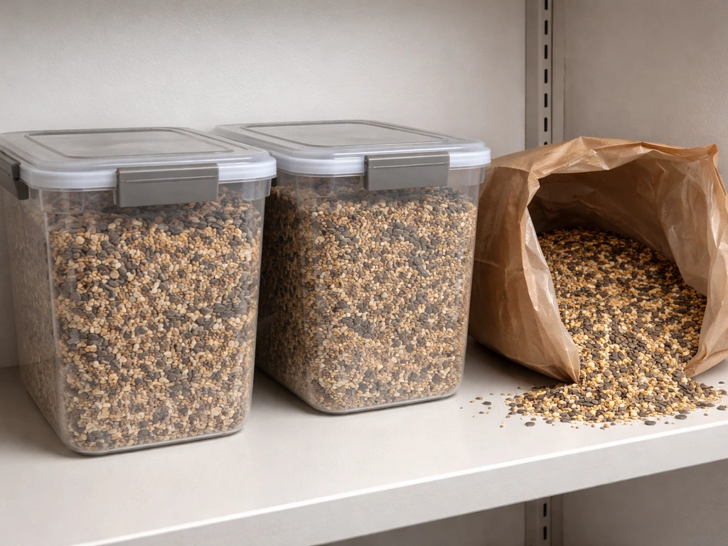 Sealed hard-sided bird seed containers beside an open bag in a cool, dry storage area