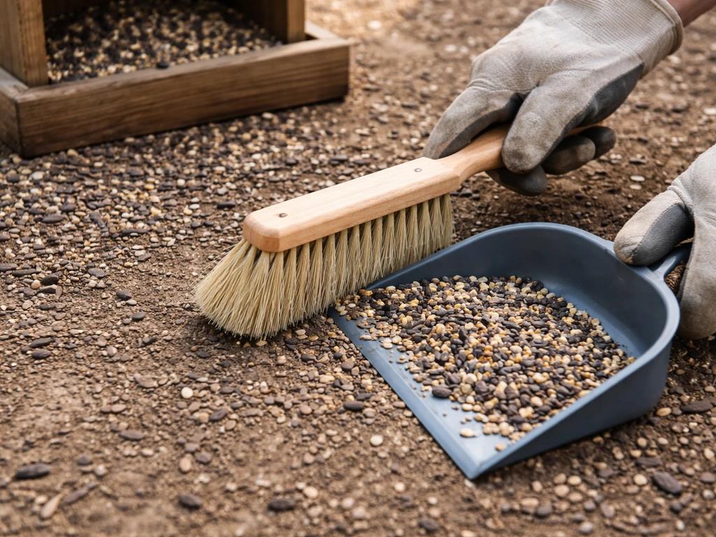 Gloved hands using a small brush and scoop to clean spilled seed and hulls around a bird feeder