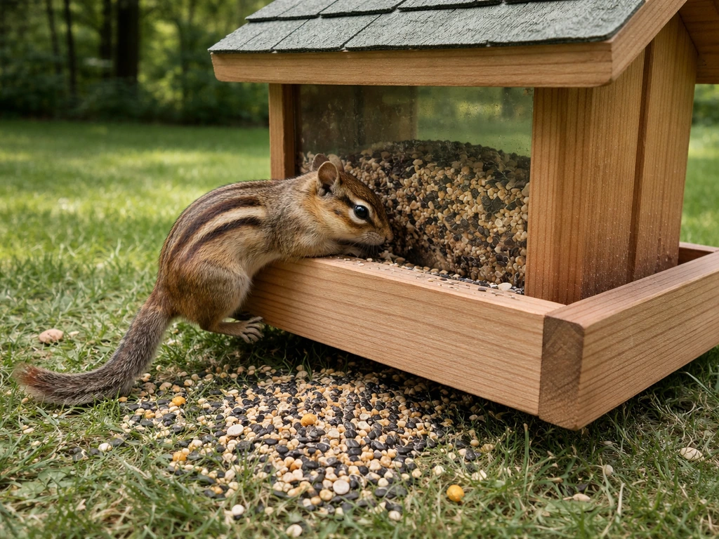 Chipmunk at a backyard bird feeder with bird seed spilled on the grass below.