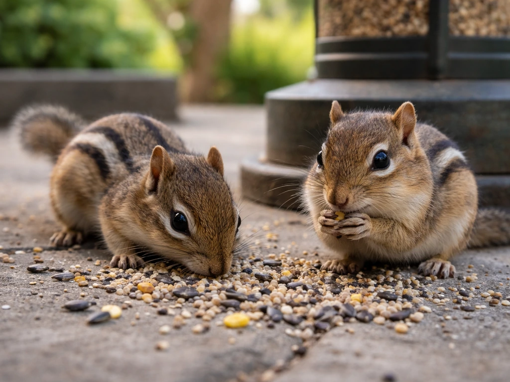 Close-up of chipmunks foraging near a backyard bird feeder, with spilled seed on the ground.