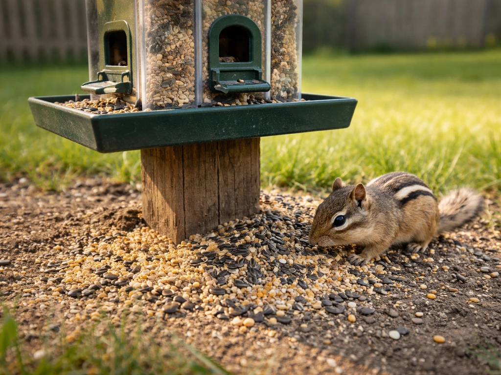Chipmunk by a bird feeder base with bird seed scattered widely around on the ground.