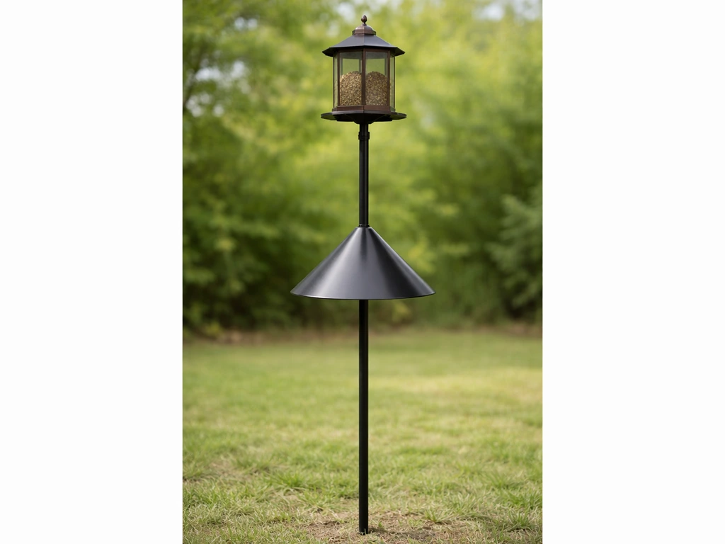 Pole-mounted cone squirrel baffle installed above a bird feeder, blocking chipmunks from climbing higher.