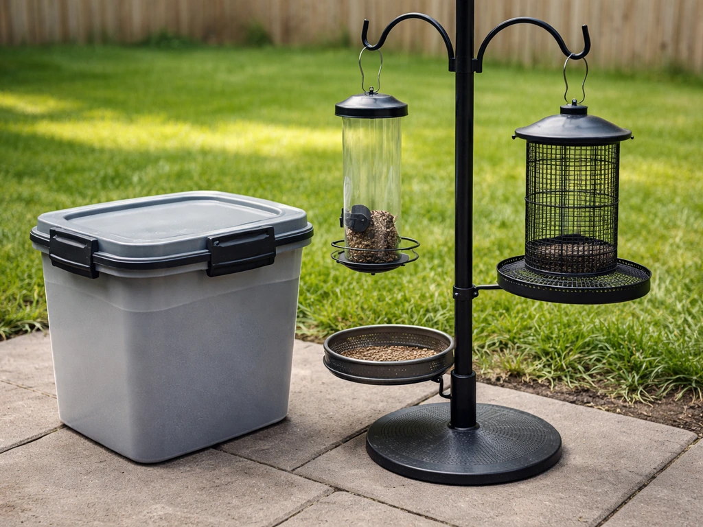Clean backyard birdseed area with an airtight container and a recently cleaned feeder on dry ground
