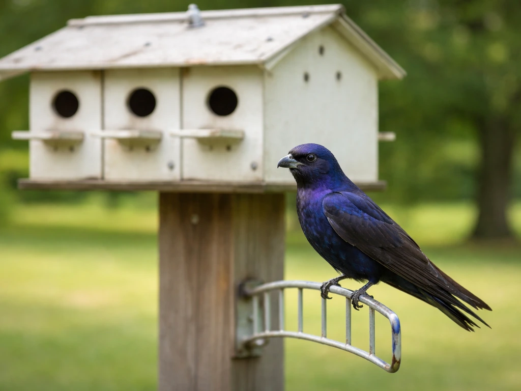 Purple martin perched beside a neatly placed martin housing unit in a quiet backyard setting.