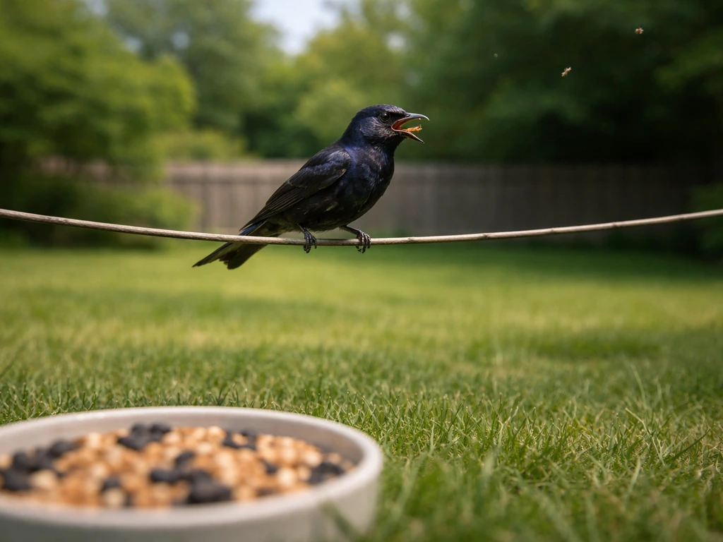 Purple martin perched above an open yard with a small bowl of bird seed in the foreground.