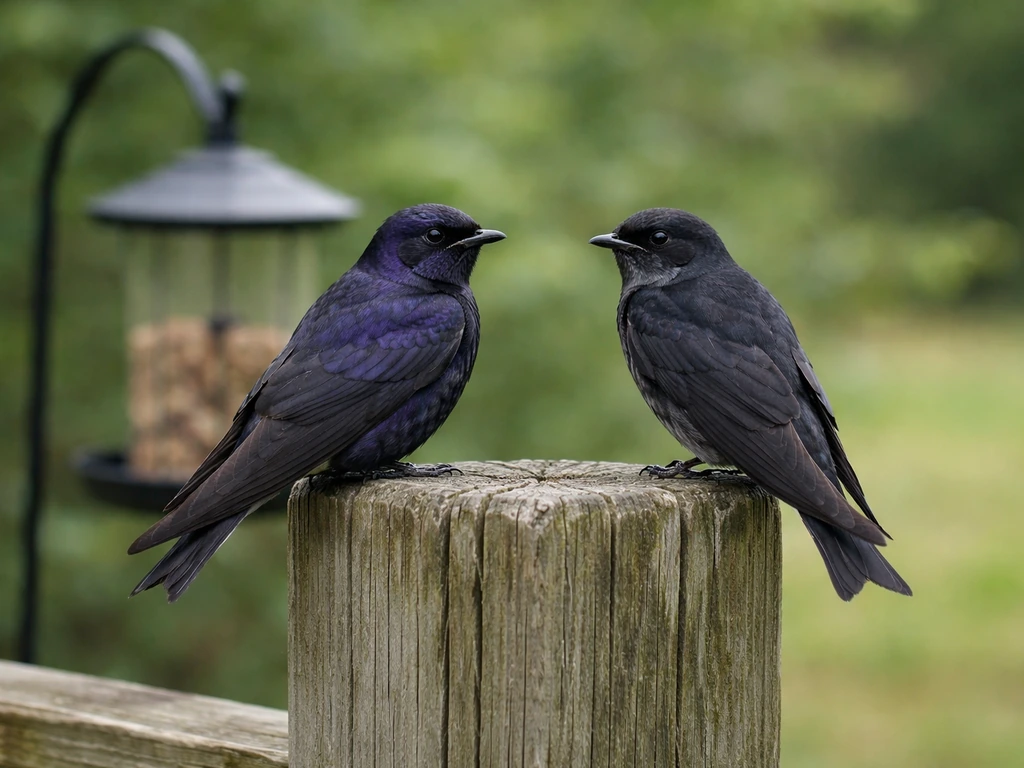 Two dark swallow-like birds perched on a fence near a feeder, contrasting a purple martin lookalike.