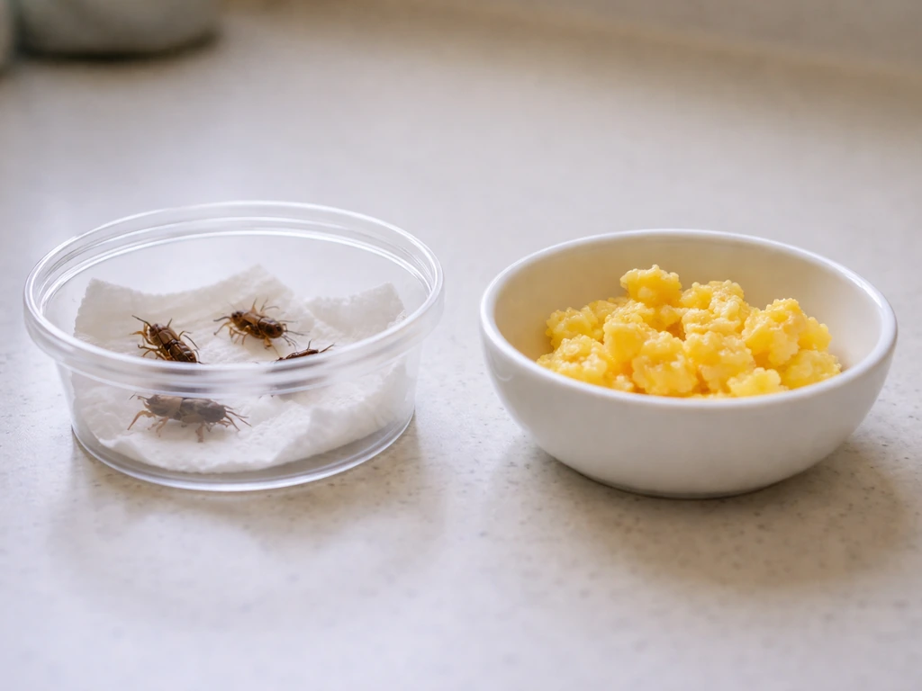 Small container with a few live crickets and a separate bowl of scrambled egg for safe supplemental feeding.