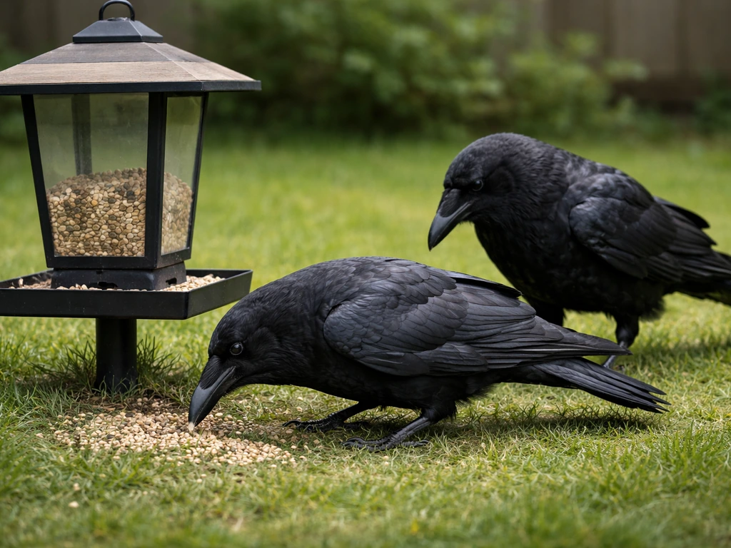 Two ravens peck at seeds on the ground beside a backyard bird feeder.
