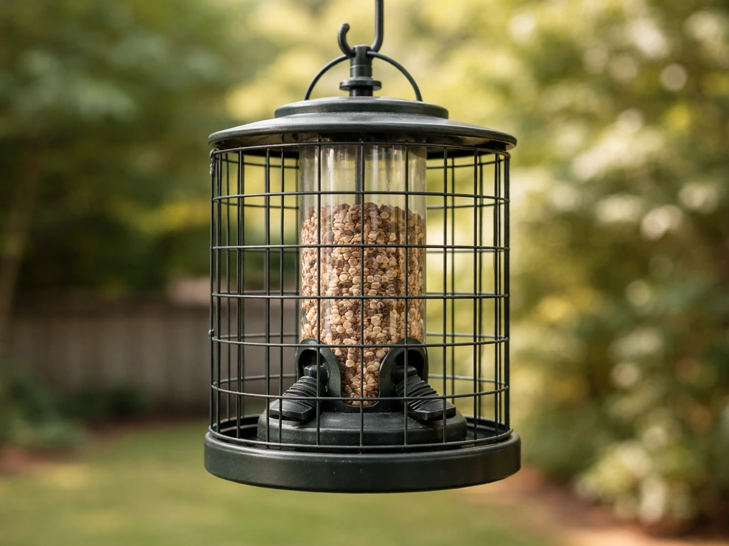 Close-up of a caged, weight-activated bird feeder with narrow openings that block larger birds.