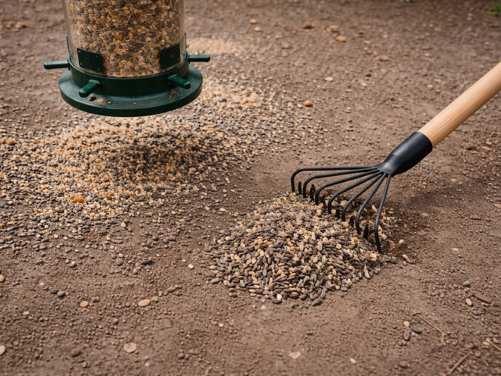 A rake sweeps spilled bird seed hulls beneath a backyard bird feeder to prevent pests and mold.