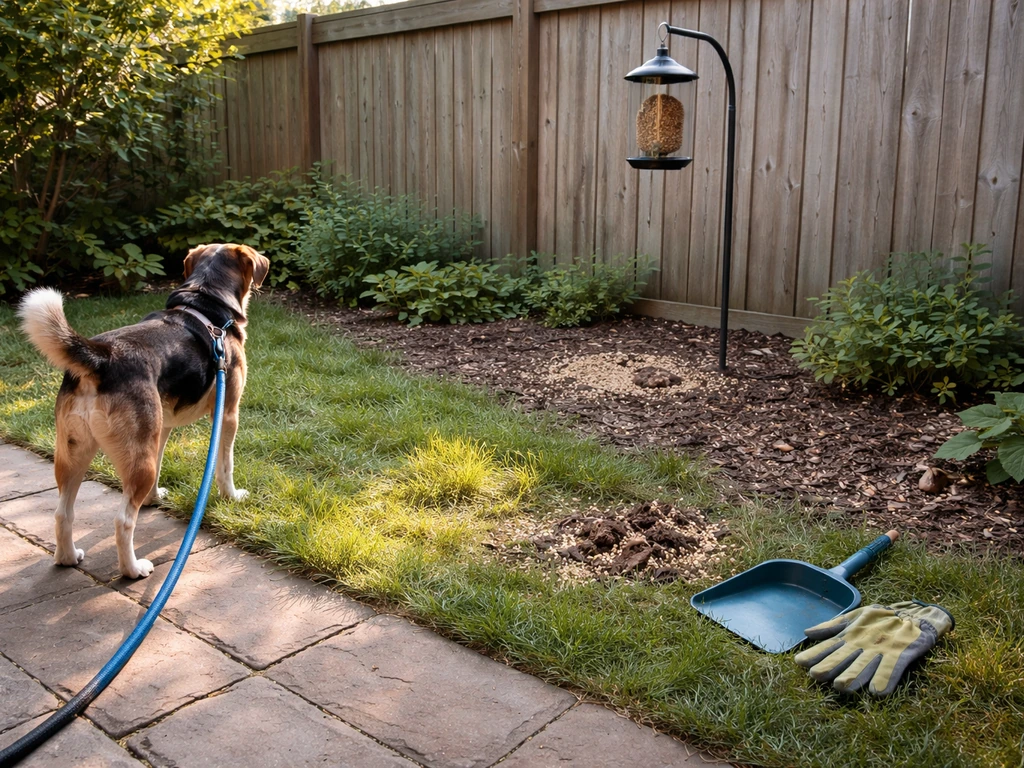 Dog leashed on a backyard patio while a cleanup area under a bird feeder shows droppings and seed