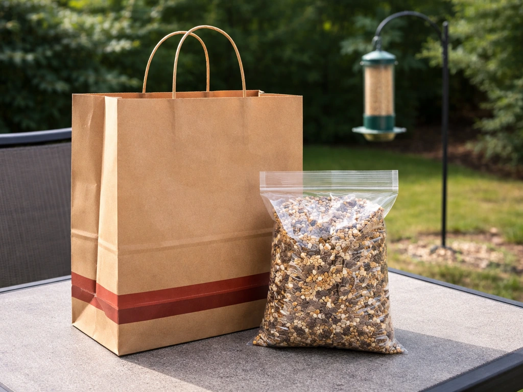 Walgreens shopping bag beside bird seed and a small backyard bird feeder setup.
