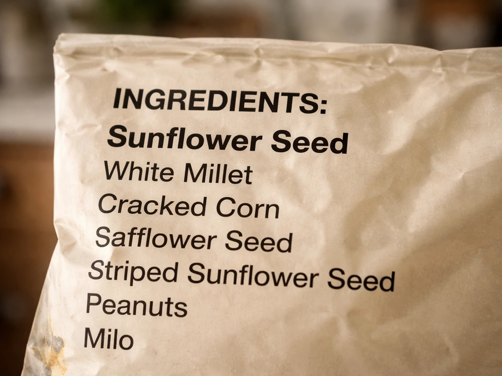 Close-up of a bird seed bag label with a clearly readable ingredient list, highlighting the dominant sunflower seed.