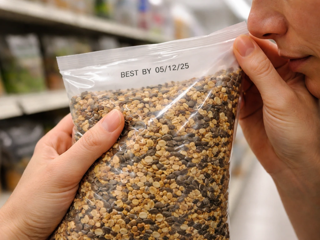 Hand squeezing and sniffing a bird seed bag in a store, with a visible best-by date.