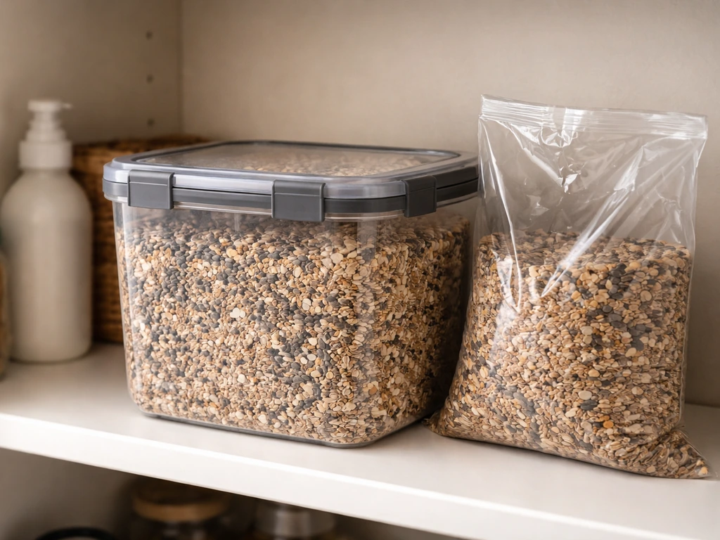 Hard-sided airtight container of bird seed in a dry pantry shelf, showing sealed storage setup
