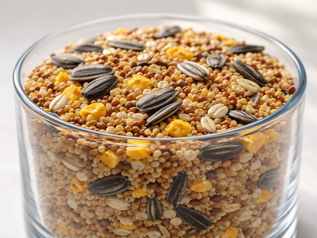 Close-up of mixed bird seed types in a clear container, showing varied seeds for ingredients.