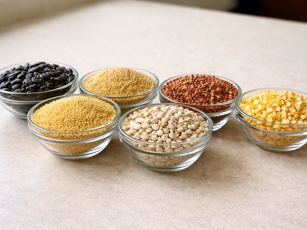 Side-by-side bowls of common bird seed ingredients: sunflower seeds, millet, safflower, peanuts, and cracked corn.