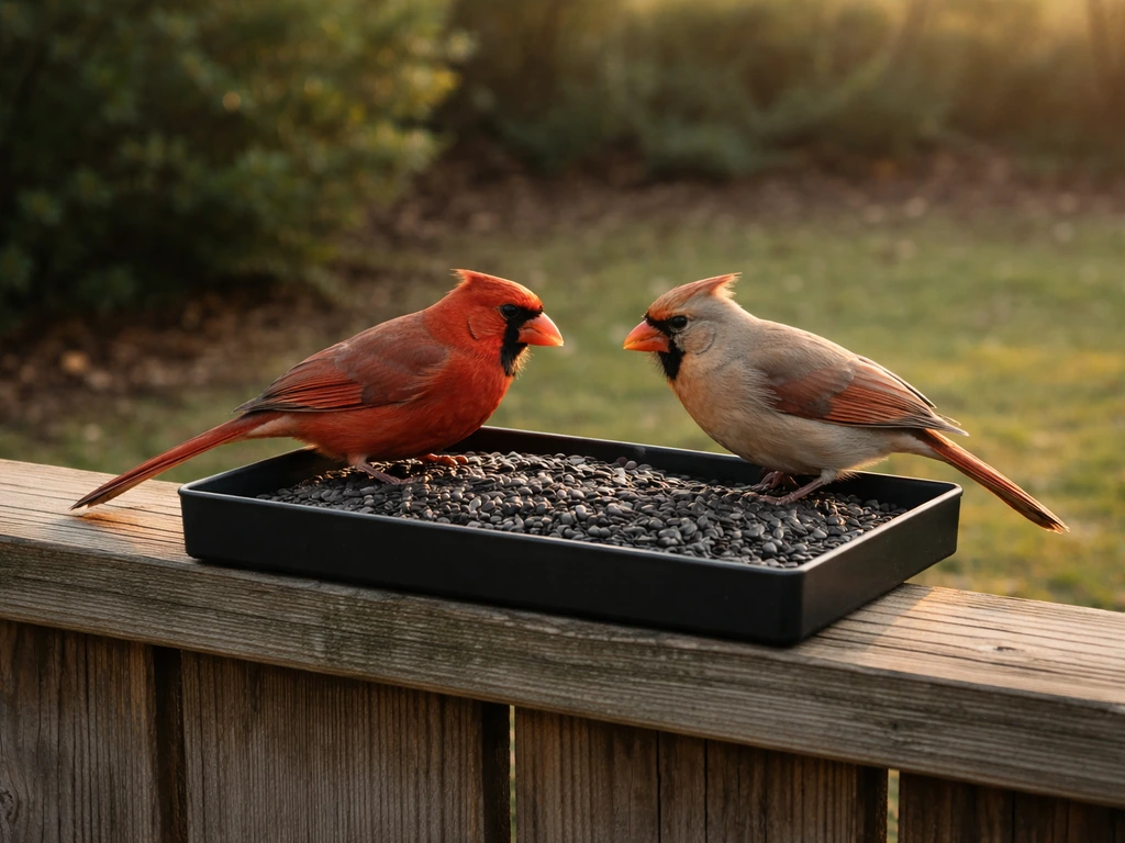 Black oil sunflower seeds in a metal tray feeder with a pair of northern cardinals on a quiet backyard fence.