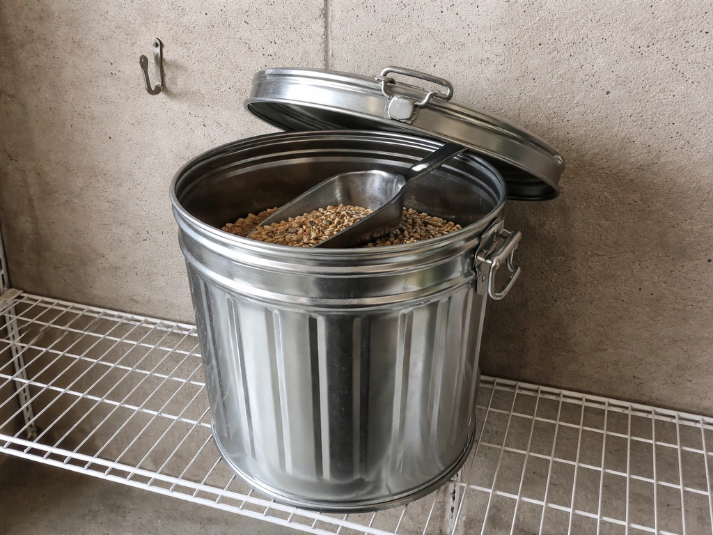 Metal locking trash can with airtight lid and a small scoop, with bird seed kept dry.