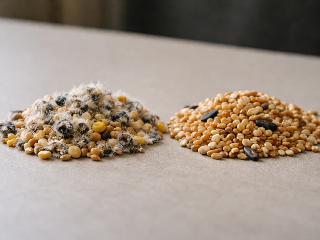 Close-up of moldy bird seed with fuzzy gray/white/black patches beside clean dry seed