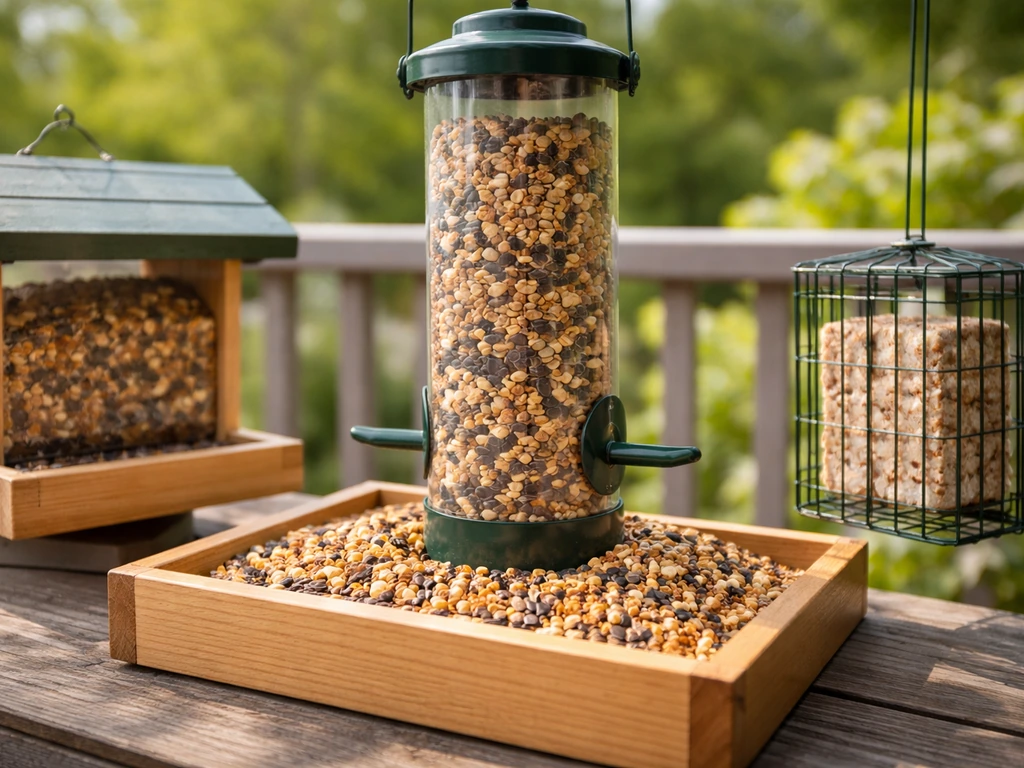 Close-up of a bird feeder with birdseed and a couple of feeder styles in a simple outdoor setting