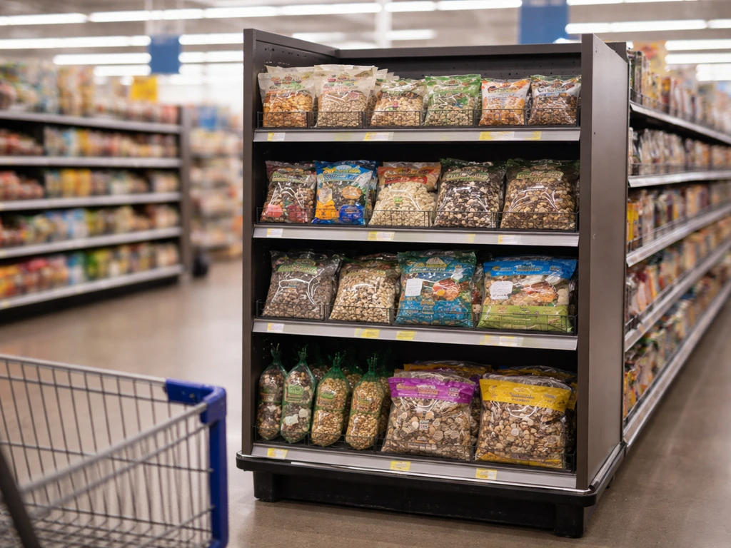 Minimal view of a Walmart bird supplies shelf with bird seed bags on display in-store.