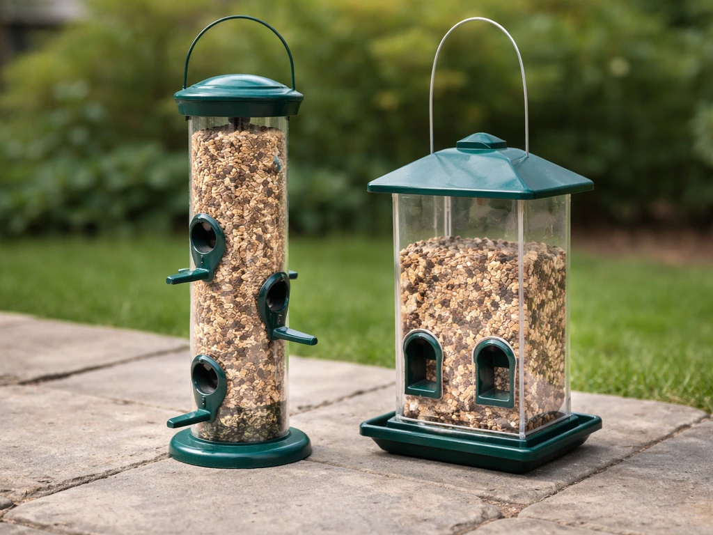 Two bird feeders side by side: a multi-port tube feeder and a hanging feeder outdoors.