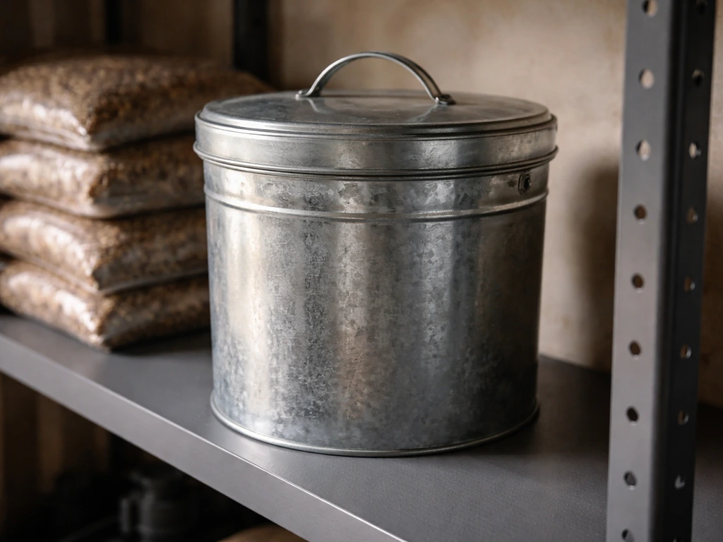 Sealed metal bird seed container with tight lid on a shelf in a cool, dry garage.