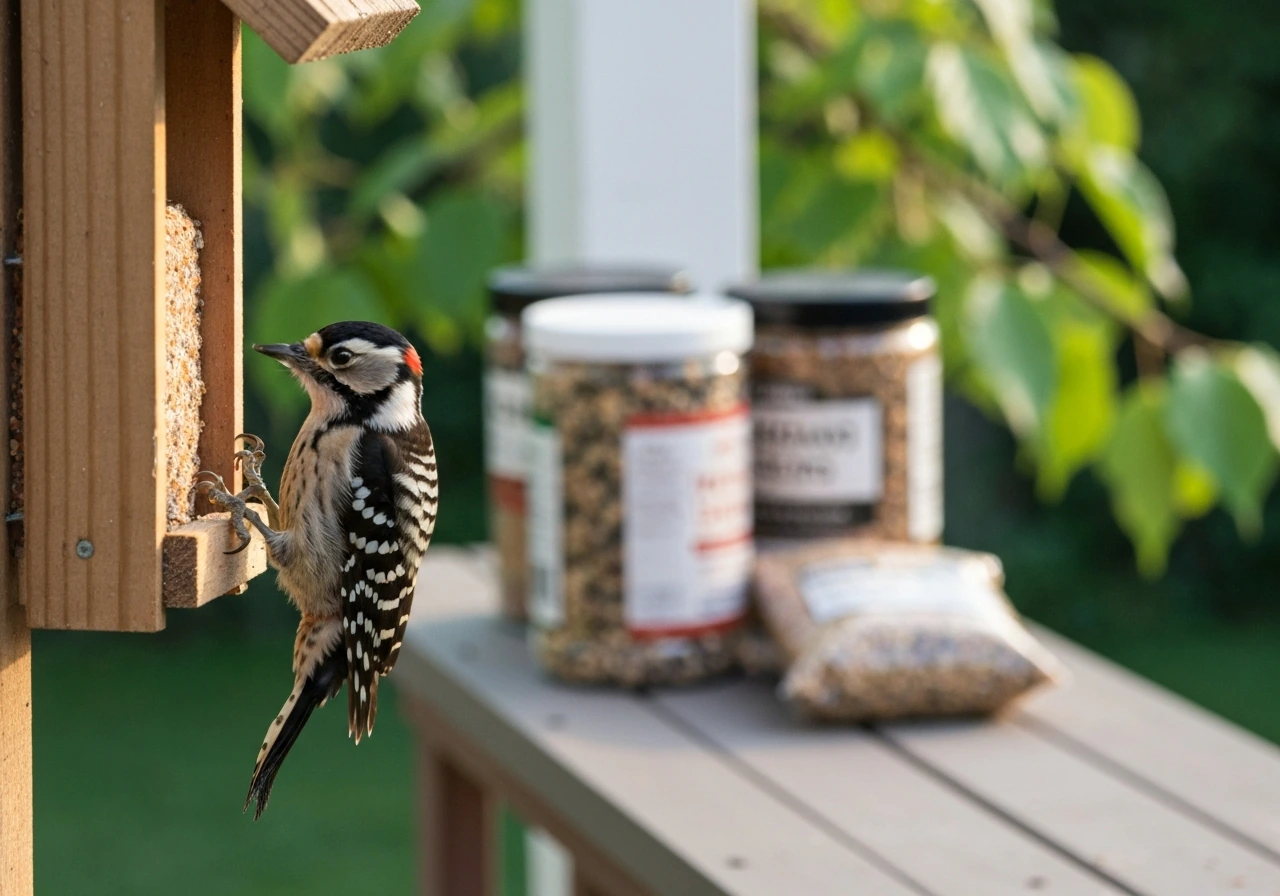Woodpecker perched at a backyard suet feeder, with birdseed scattered in soft focus behind it.